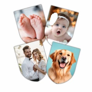 Lot de 4 magnets personnalisés en bois, forme blason