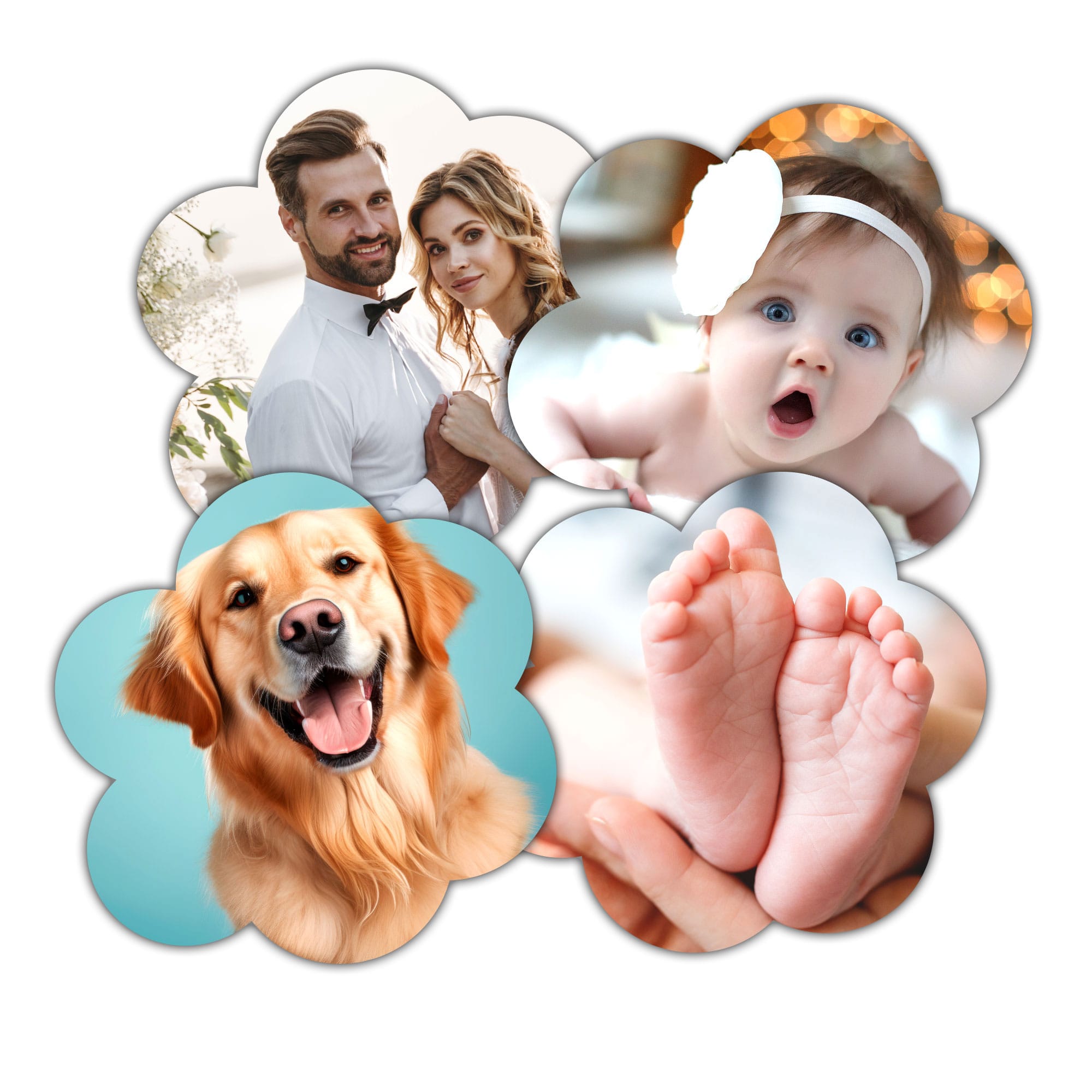 Lot de 4 magnets personnalisés en bois, forme fleur Lot de 4 magnets personnalisés en bois, forme fleur