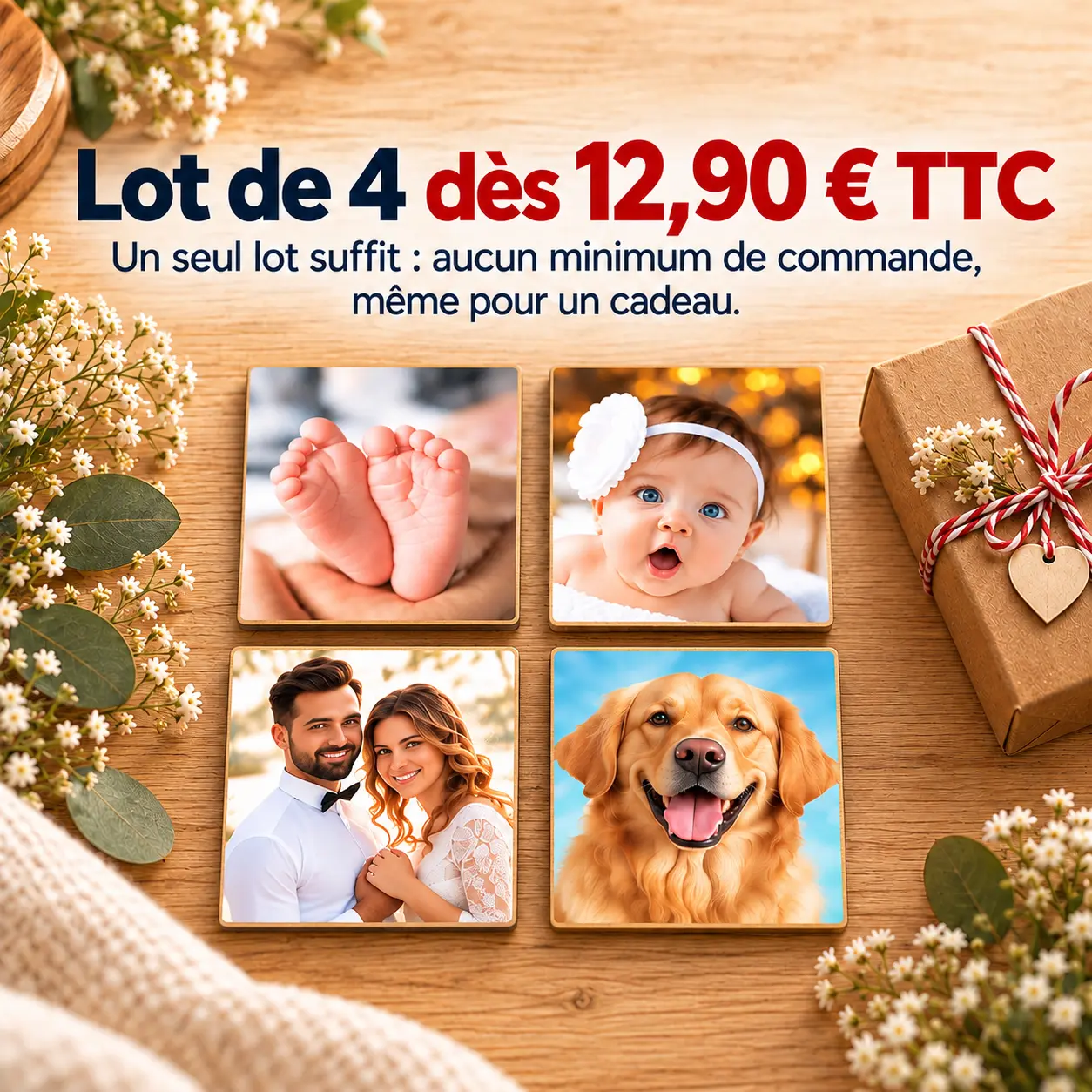 Magnet Carré Personnalisé en Bois – Lot de 4 exemplaires