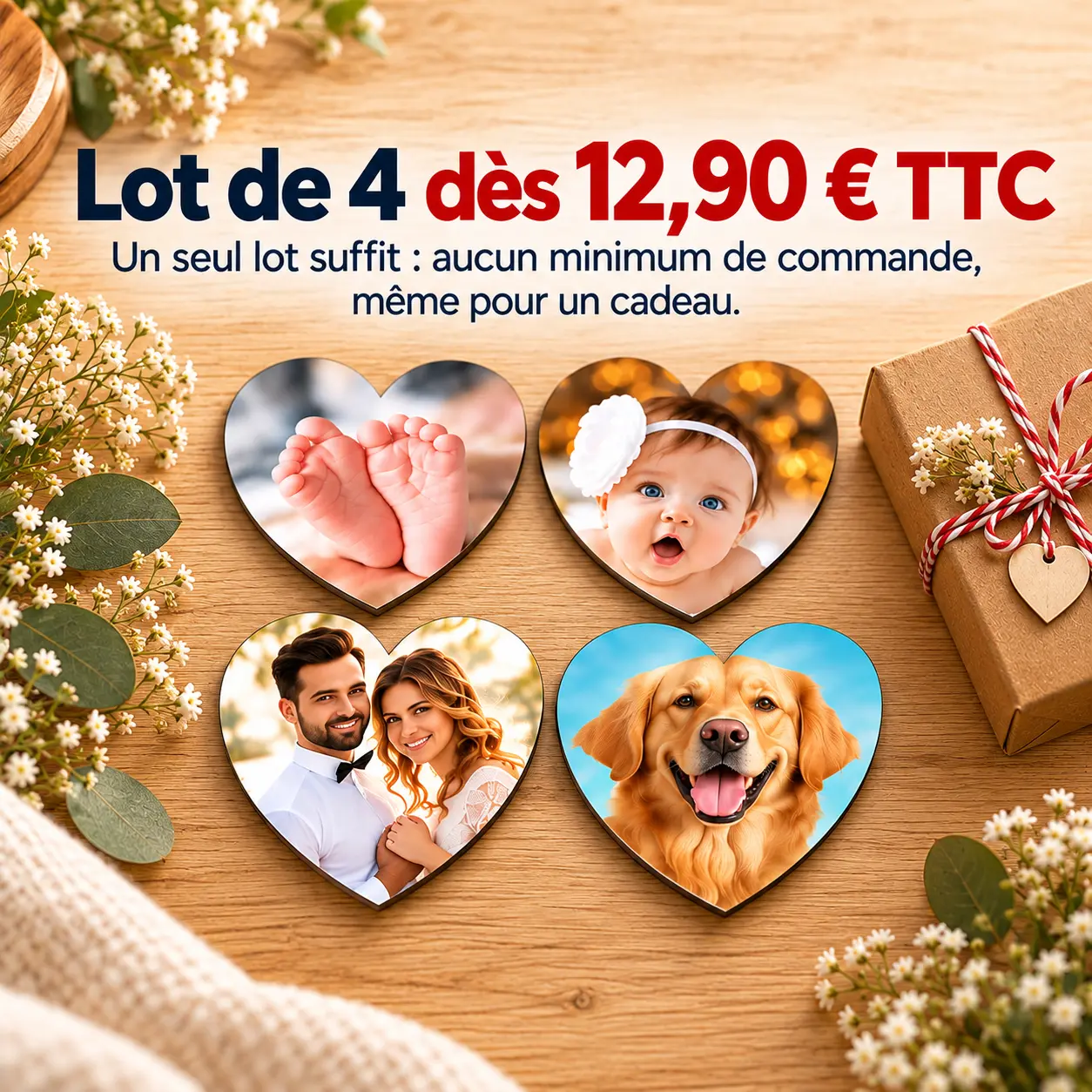 Magnet Coeur Personnalisé en Bois – Lot de 4 exemplaires
