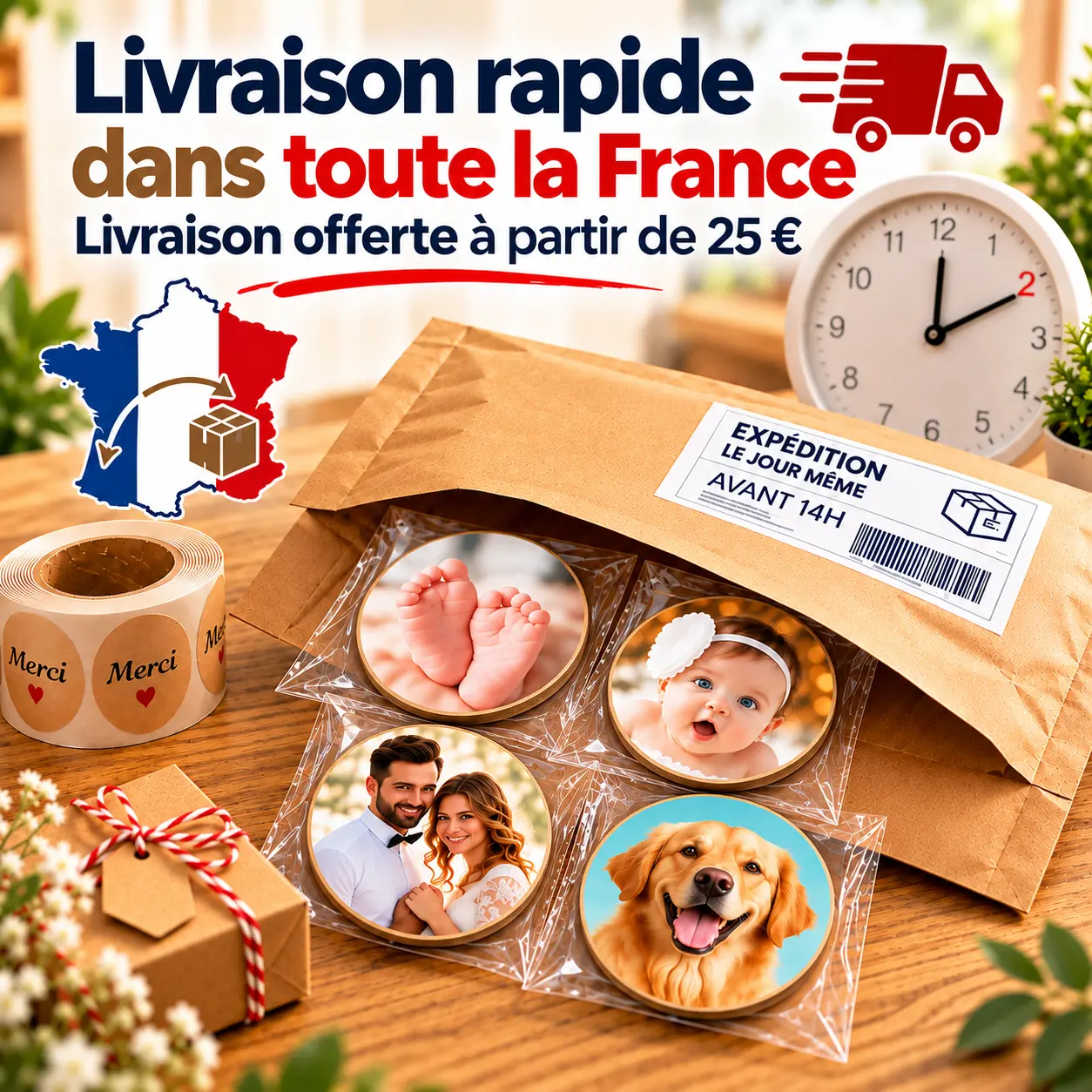 Magnet Rond Personnalisé en Bois – Livraison rapide