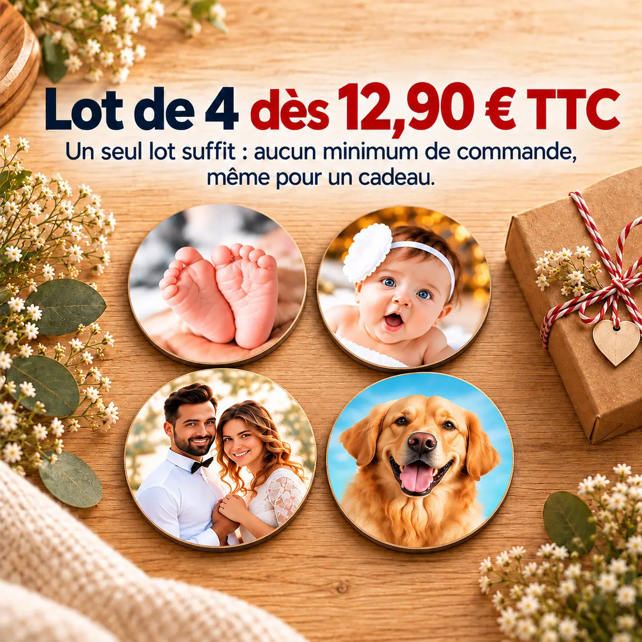 Magnet Rond Personnalisé en Bois – Lot de 4 exemplaires