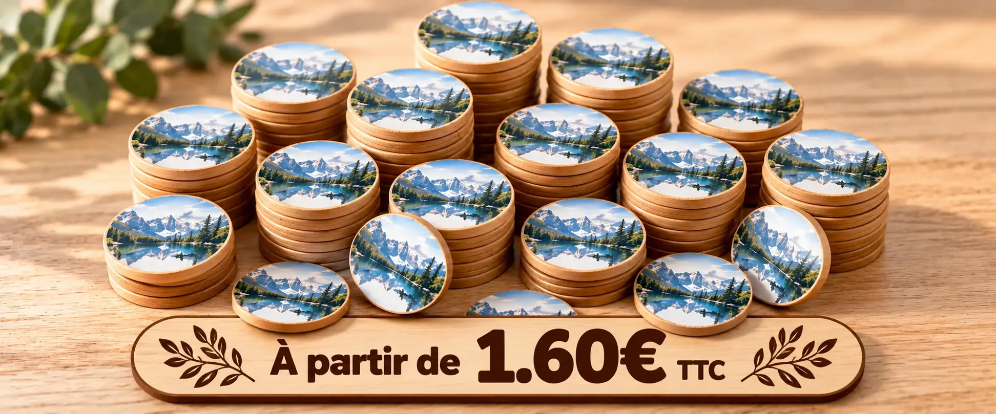 Jetons en bois au décor montagneux